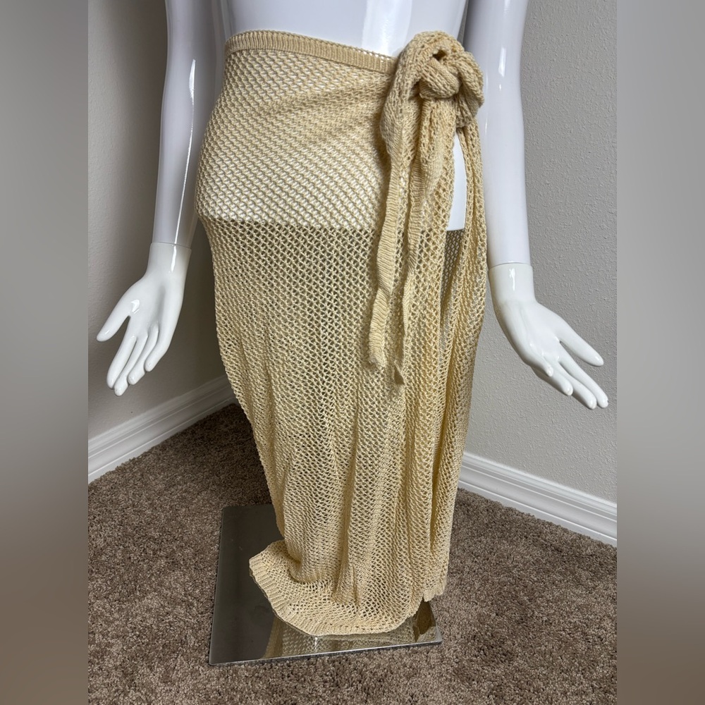 Hollow Out Tassle Skirts Beach Cover Up Wrap Mesh  Swimwear Beige L